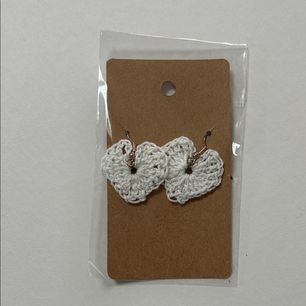 Handmade White Crochet Heart Earrings